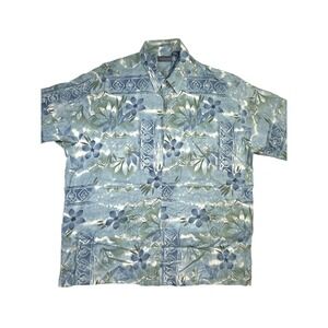 Van Heusen Men's 2XL Hawaiian Shirt Gray Rayon Short Sleeve Button Front Print